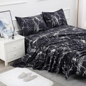 Queen Size 4-Piece Microfiber Bed Sheet Set, Soft, Durable, Deep Pocket, Black Marble Design