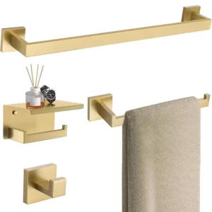 Gold Bathroom Hardware Set – 4-Piece Wall-Mounted Stainless Steel Towel Bar Set