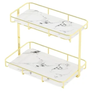 Stainless Steel & Marble Print 2-Tier Bathroom & Vanity Organizer