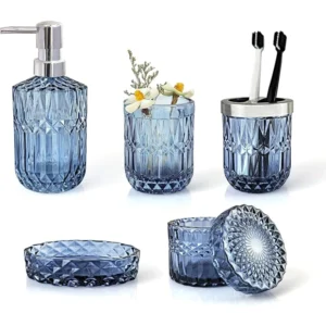 Complete Countertop Organizer 5-Piece Blue Glass Bathroom Accessory Set