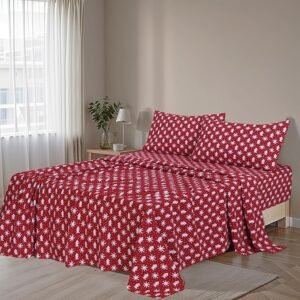 California King, Red Christmas Design Cotton Brushed Bed Sheet Set – 4 Piece