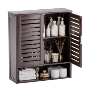 Wall-Mounted Bamboo Bathroom Cabinet – Dark Brown with 2 Doors