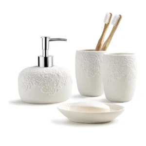 Embossed White Ceramic Bathroom Accessories Set – 4-Piece Elegant Bath Set