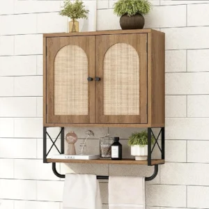 Rustic Oak with Arched Rattan Doors, Adjustable Shelves & Towel Bar